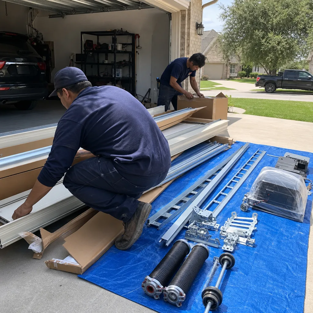 Two professional technicians installing a new residential garage door system