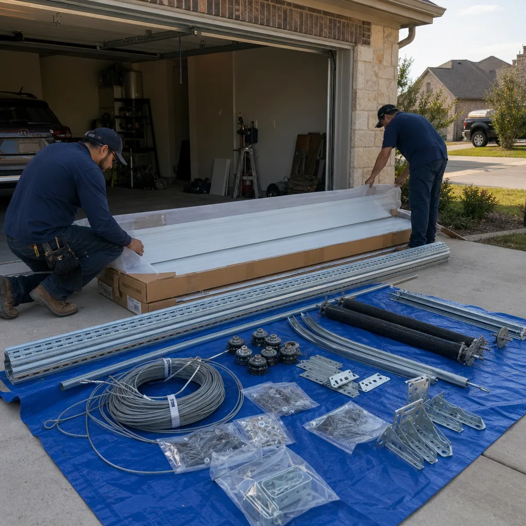 Two professional technicians installing a new garage door kit on a driveway
