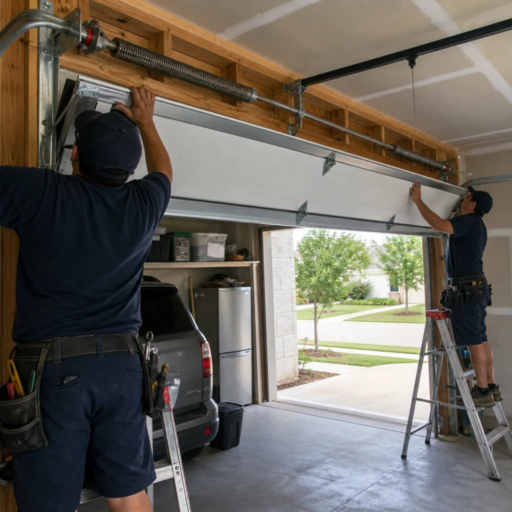 Two professional technicians installing a new sectional garage door