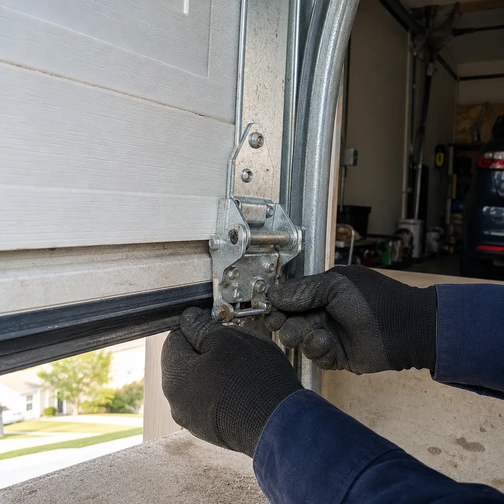 Technician performing professional garage door hinge maintenance and repair