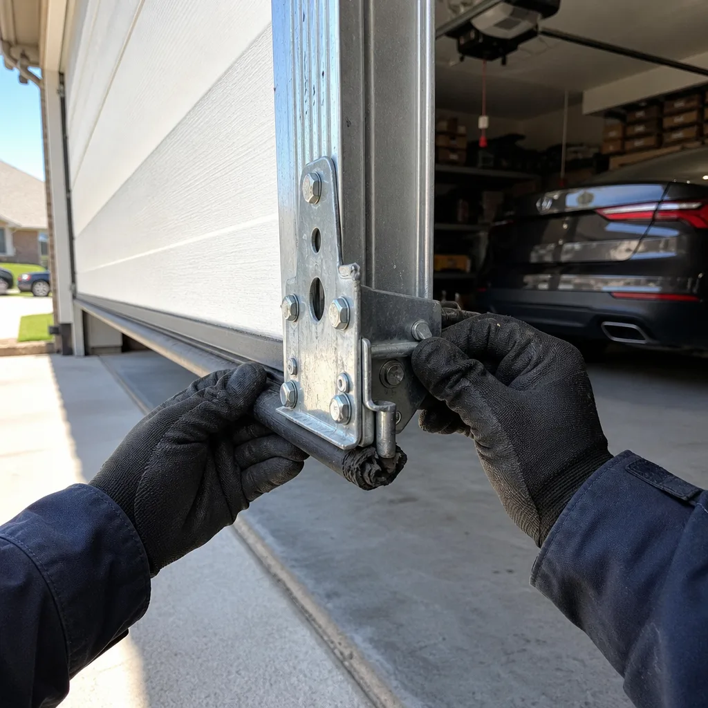 Technician performing garage door maintenance and hardware repair