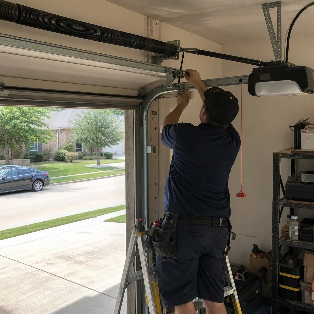 Technician performing professional garage door opener repair services