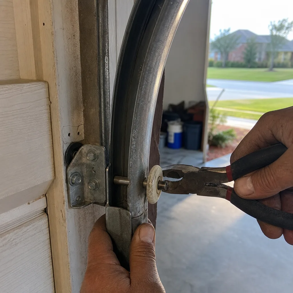 Technician using pliers to repair a worn garage door roller