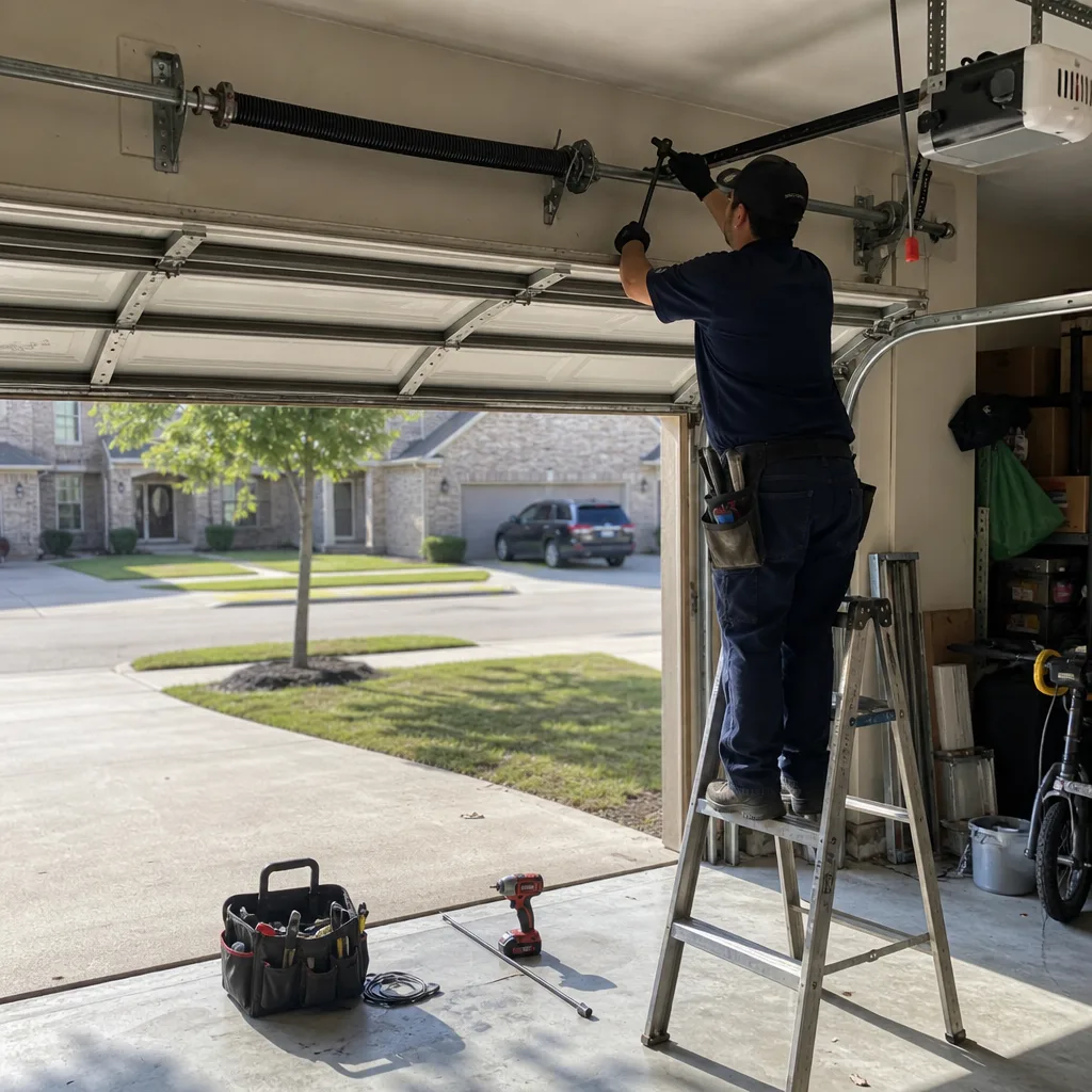 Professional technician performing garage door spring repair on a ladder