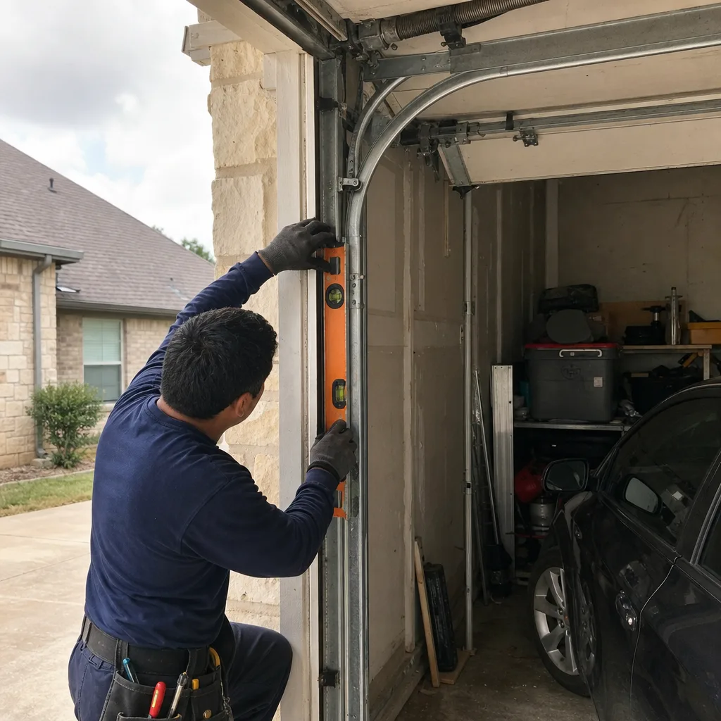 Technician using a level to repair a residential garage door track
