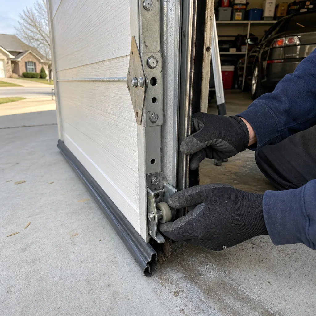 Technician performing an emergency garage door roller repair nationwide