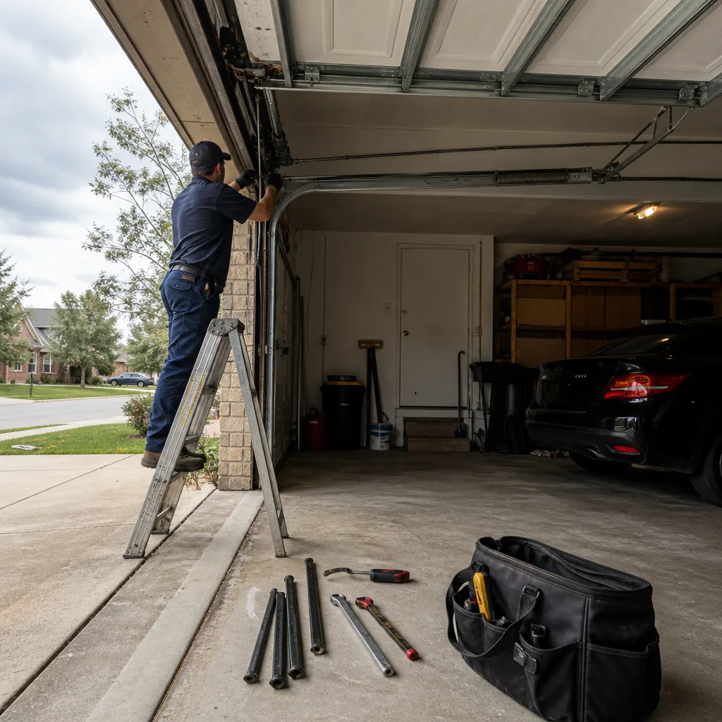 Professional garage door technician performing emergency repair on a residential door nationwide