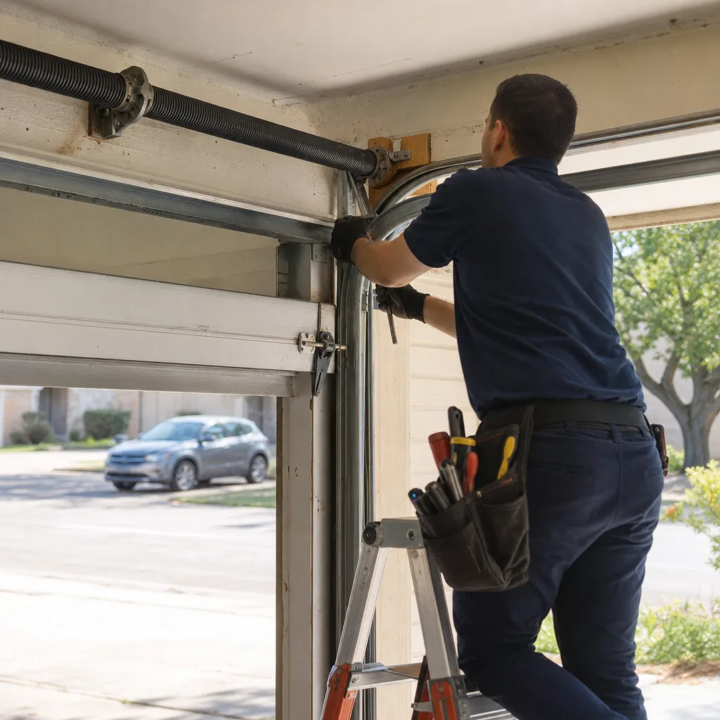 Technician performing emergency garage door spring repair nationwide