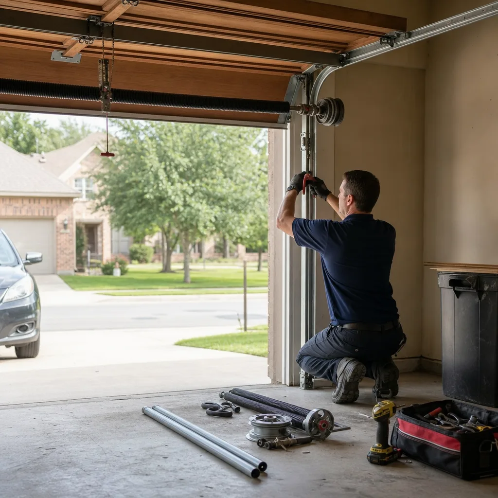 Technician installing garage door spring parts with professional tools nationwide