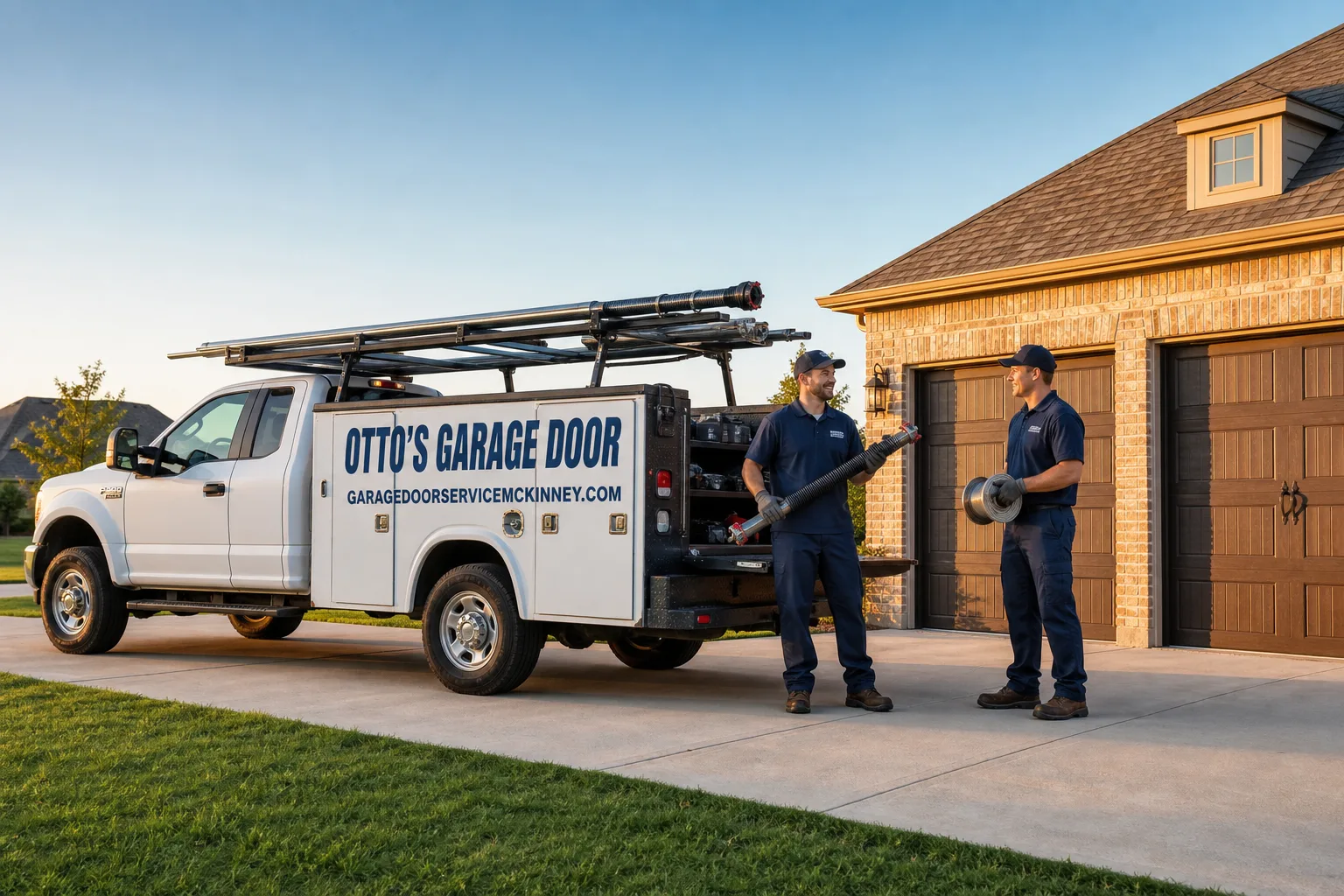 Otto's Garage Door garage door service vehicle and crew in McKinney, TX